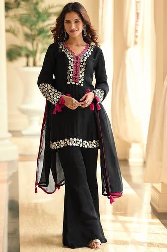Black silk blend mirror work semi stitched salwar suits suits size up to 42