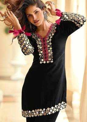 Black silk blend mirror work semi stitched salwar suits suits size up to 42 2