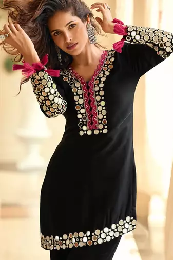 Black silk blend mirror work semi stitched salwar suits suits size up to 42
