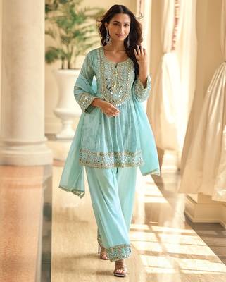 Blue silk blend mirror work semi stitched salwar suits suits size up to 42 1