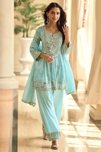 Blue silk blend mirror work semi stitched salwar suits suits size up to 42