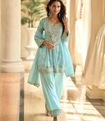 Blue silk blend mirror work semi stitched salwar suits suits size up to 42