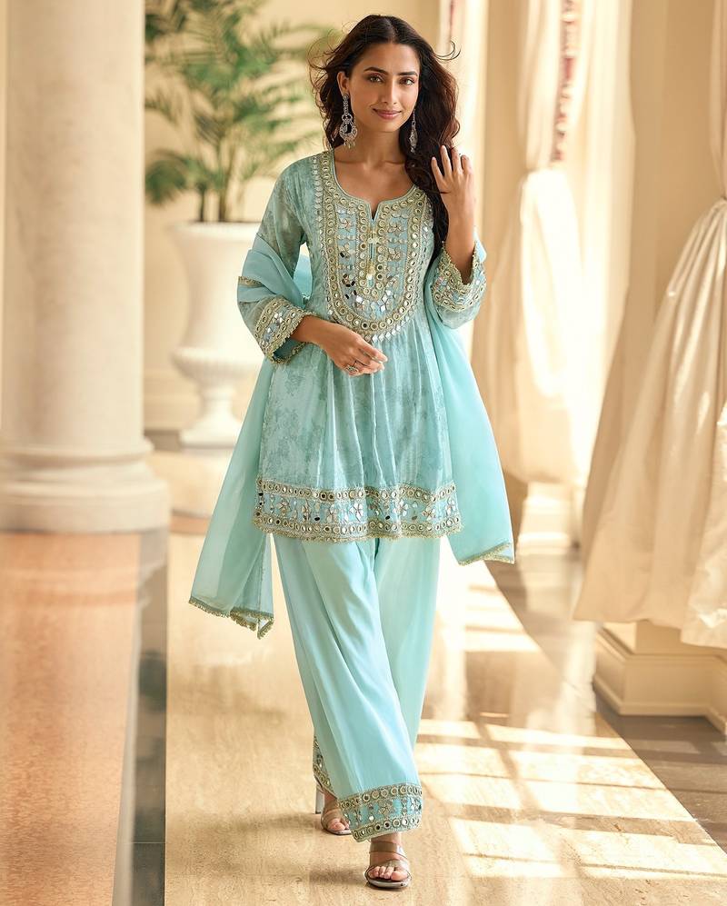 Blue silk blend mirror work semi stitched salwar suits suits size up to 42