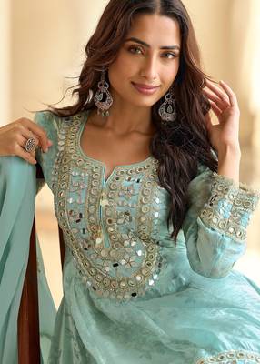 Blue silk blend mirror work semi stitched salwar suits suits size up to 42 2