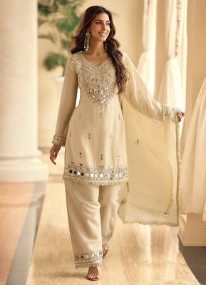 Beige silk blend mirror work semi stitched salwar suits suits size up to 42 1