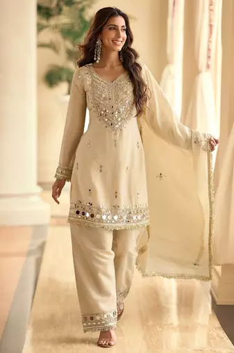 Beige silk blend mirror work semi stitched salwar suits suits size up to 42