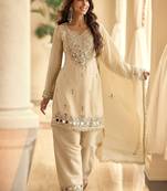 Beige silk blend mirror work semi stitched salwar suits suits size up to 42