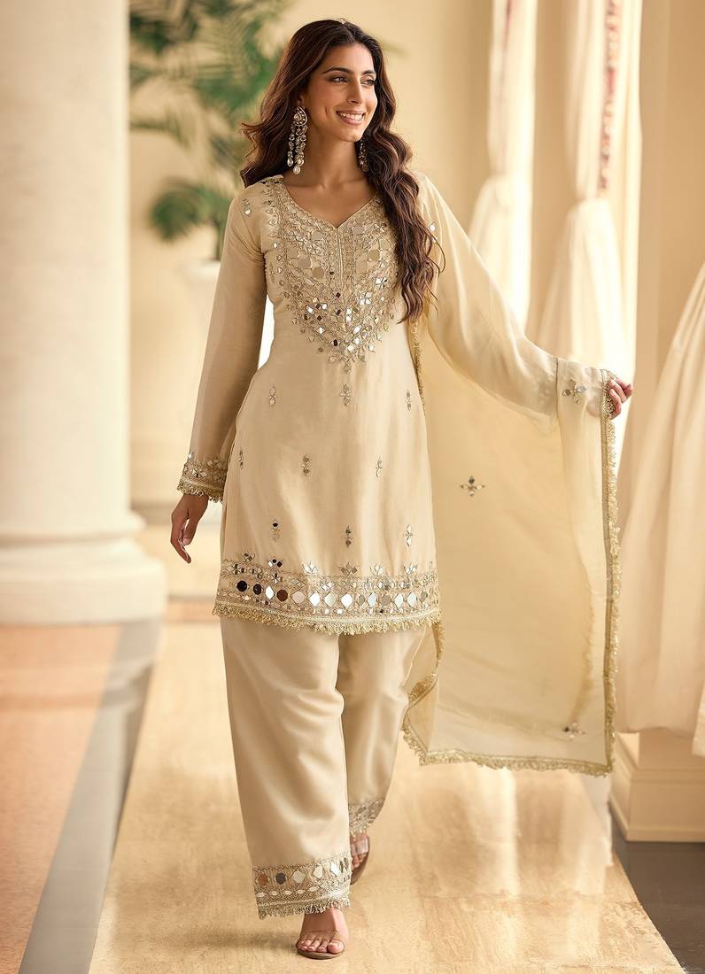 Beige silk blend mirror work semi stitched salwar suits suits size up to 42