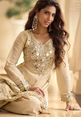 Beige silk blend mirror work semi stitched salwar suits suits size up to 42 2