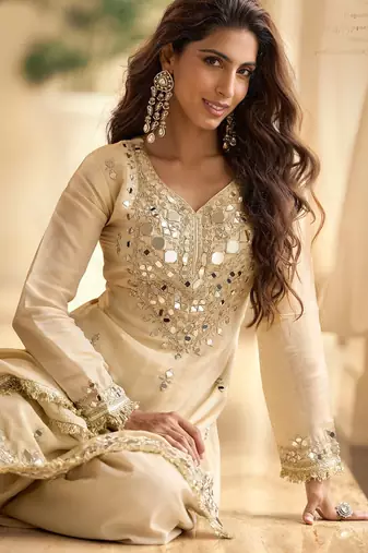 Beige silk blend mirror work semi stitched salwar suits suits size up to 42