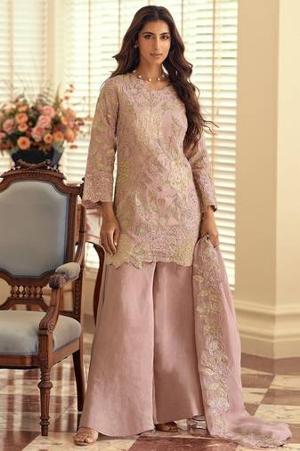 Pink silk blend sequins work semi stitched salwar suits suits size up to 42
