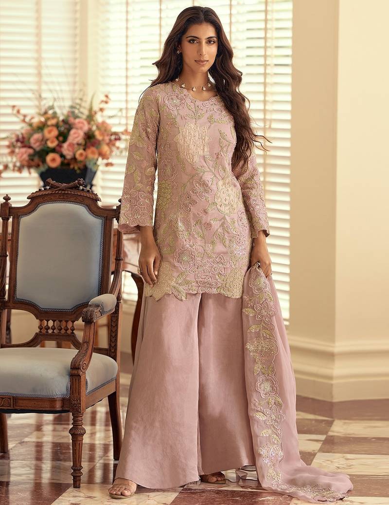 Pink silk blend sequins work semi stitched salwar suits suits size up to 42