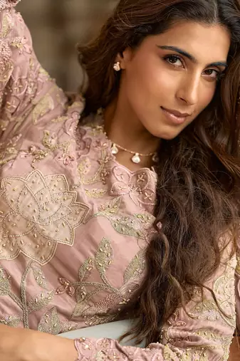 Pink silk blend sequins work semi stitched salwar suits suits size up to 42