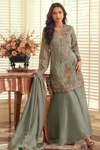 Sea green silk blend sequins work semi stitched salwar suits suits size up to 42