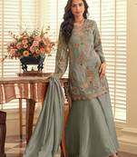 Sea green silk blend sequins work semi stitched salwar suits suits size up to 42