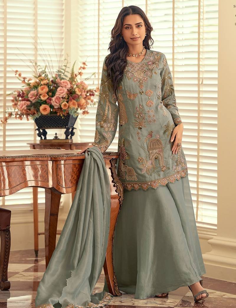 Sea green silk blend sequins work semi stitched salwar suits suits size up to 42