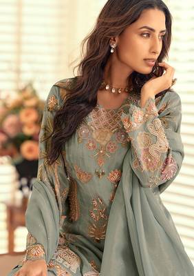 Sea green silk blend sequins work semi stitched salwar suits suits size up to 42 2