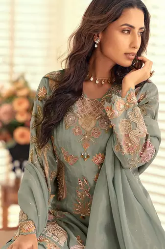 Sea green silk blend sequins work semi stitched salwar suits suits size up to 42