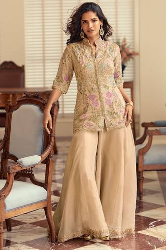 Beige silk blend sequins work semi stitched salwar suits suits size up to 42