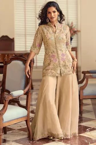 Beige silk blend sequins work semi stitched salwar suits suits size up to 42