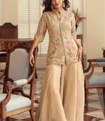Beige silk blend sequins work semi stitched salwar suits suits size up to 42