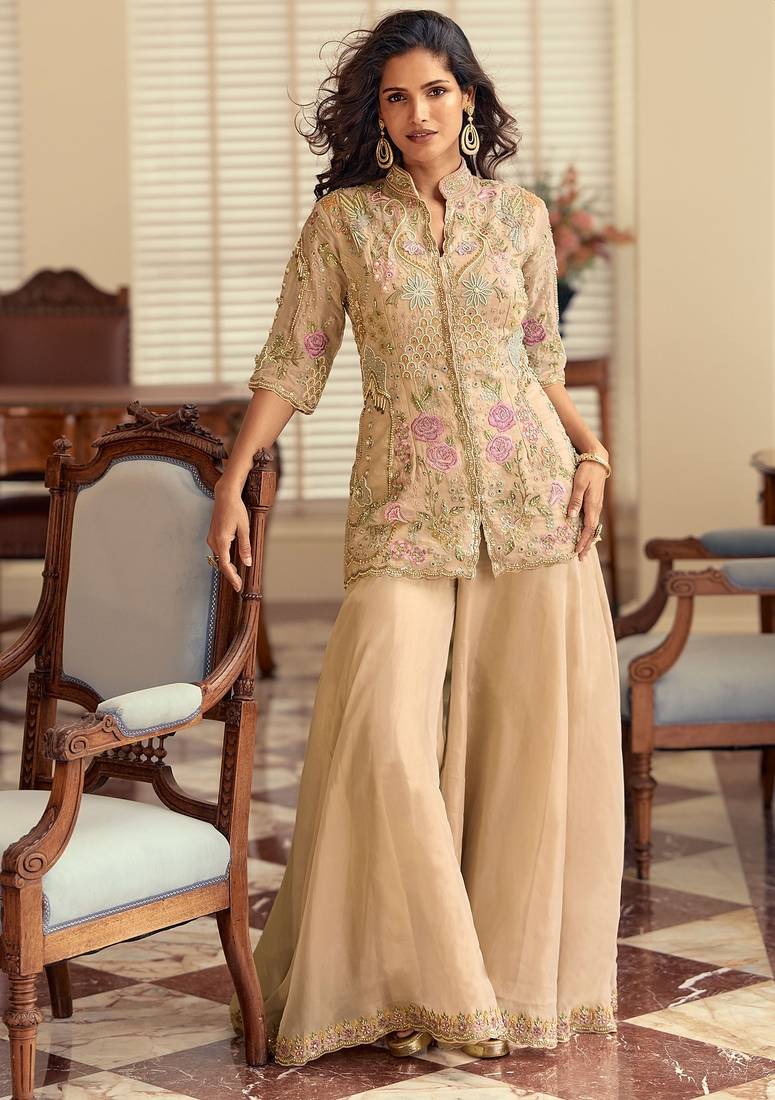 Beige silk blend sequins work semi stitched salwar suits suits size up to 42