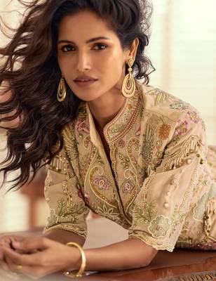 Beige silk blend sequins work semi stitched salwar suits suits size up to 42 2