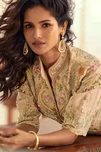 Beige silk blend sequins work semi stitched salwar suits suits size up to 42