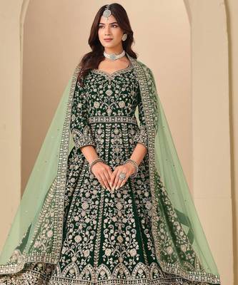 Green velvet sequins work semi stitched salwar suits suits size up to 42 1