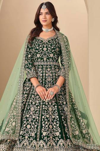 Green velvet sequins work semi stitched salwar suits suits size up to 42