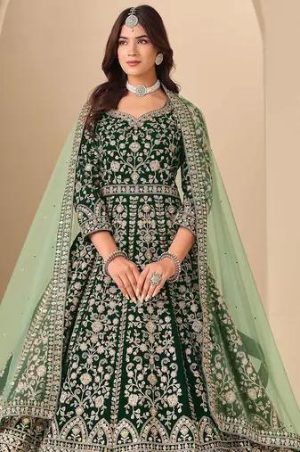 Green velvet sequins work semi stitched salwar suits suits size up to 42