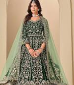 Green velvet sequins work semi stitched salwar suits suits size up to 42