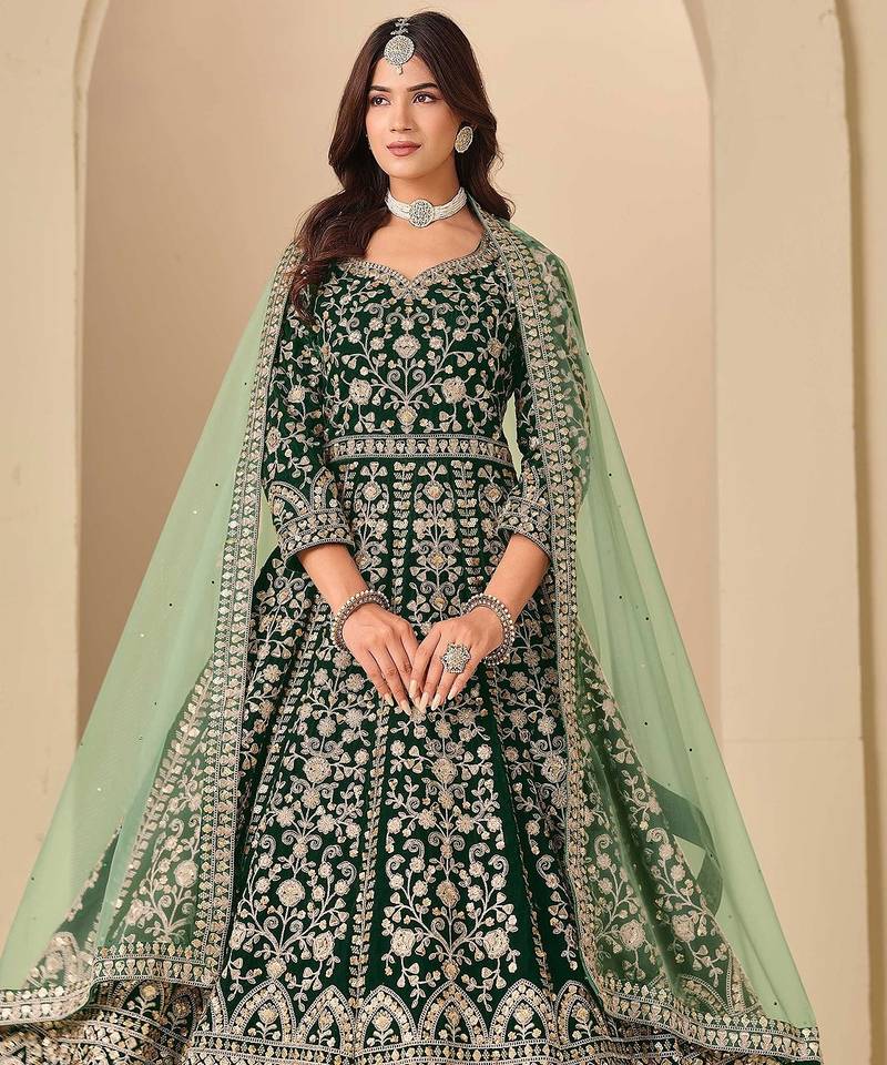 Green velvet sequins work semi stitched salwar suits suits size up to 42