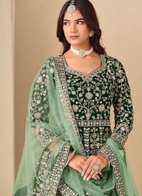 Green velvet sequins work semi stitched salwar suits suits size up to 42 2