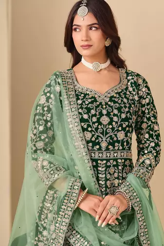 Green velvet sequins work semi stitched salwar suits suits size up to 42
