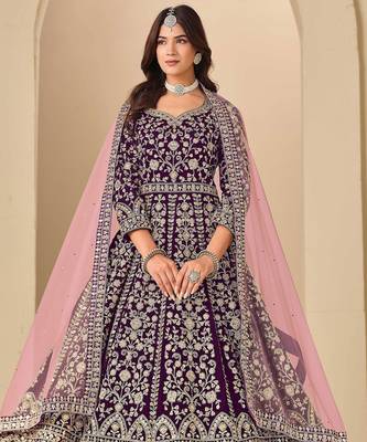 Wine velvet sequins work semi stitched salwar suits suits size up to 42 1