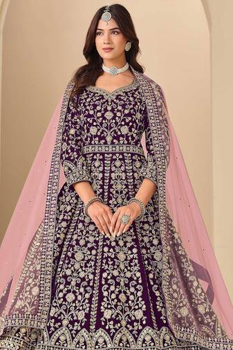 Wine velvet sequins work semi stitched salwar suits suits size up to 42