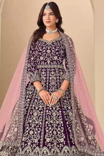 Wine velvet sequins work semi stitched salwar suits suits size up to 42