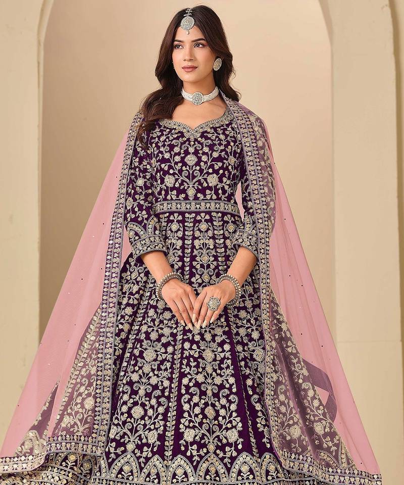 Wine velvet sequins work semi stitched salwar suits suits size up to 42