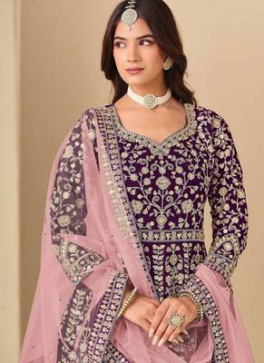 Wine velvet sequins work semi stitched salwar suits suits size up to 42 2