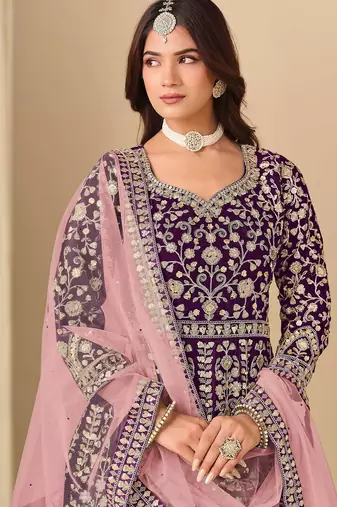 Wine velvet sequins work semi stitched salwar suits suits size up to 42