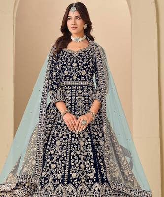 Navy blue velvet sequins work semi stitched salwar suits suits size up to 42 1