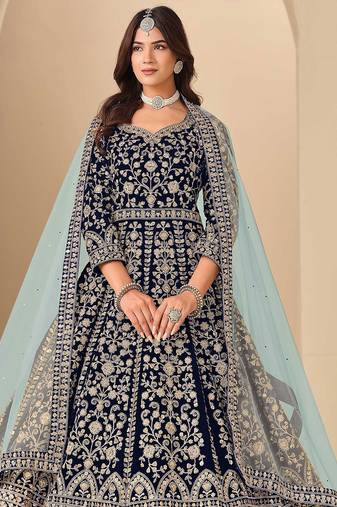 Navy blue velvet sequins work semi stitched salwar suits suits size up to 42