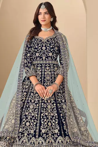 Navy blue velvet sequins work semi stitched salwar suits suits size up to 42