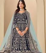 Navy blue velvet sequins work semi stitched salwar suits suits size up to 42