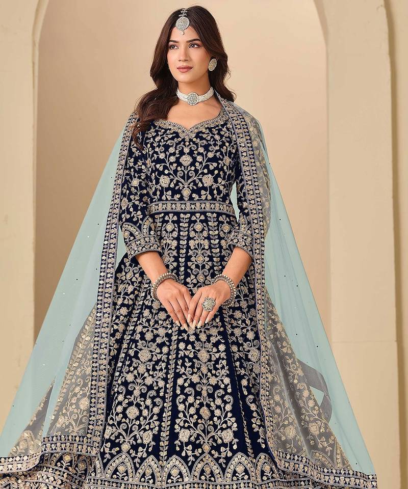 Navy blue velvet sequins work semi stitched salwar suits suits size up to 42