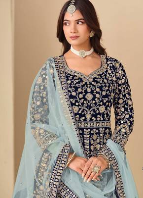 Navy blue velvet sequins work semi stitched salwar suits suits size up to 42 2