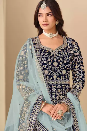 Navy blue velvet sequins work semi stitched salwar suits suits size up to 42