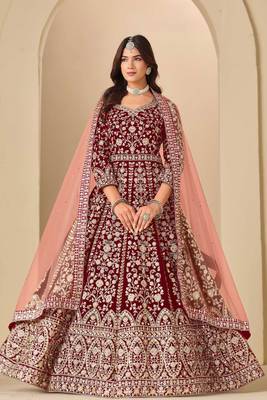 Maroon velvet sequins work semi stitched salwar suits suits size up to 42 1