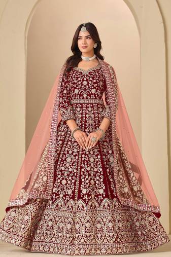 Maroon velvet sequins work semi stitched salwar suits suits size up to 42